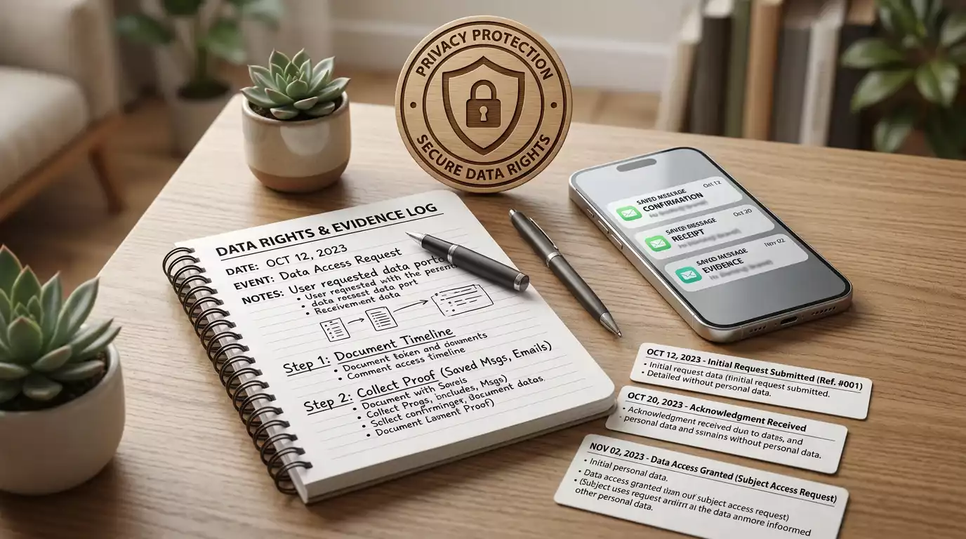 Notebook with complaint evidence, data-rights notes and a calm filing system