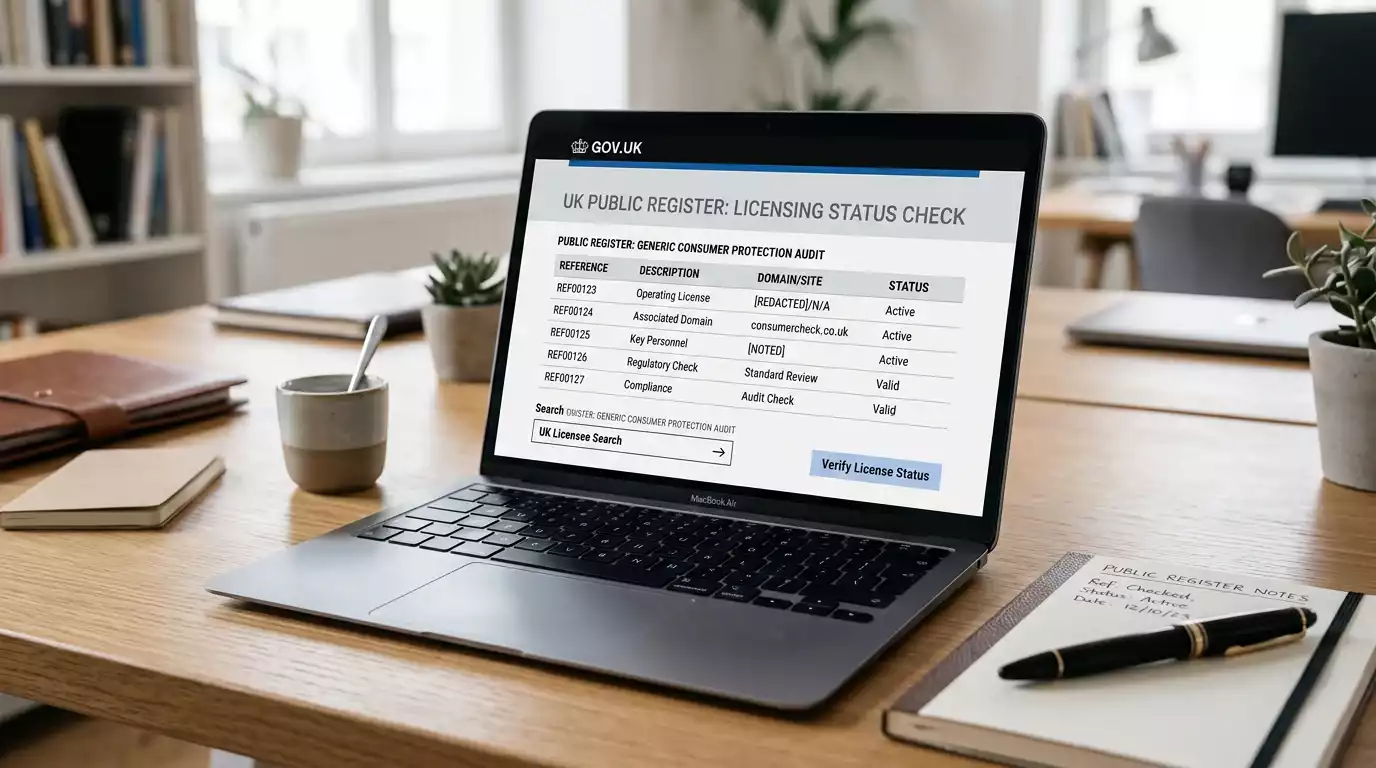 Laptop screen with a public register checklist, domain field and licence status notes