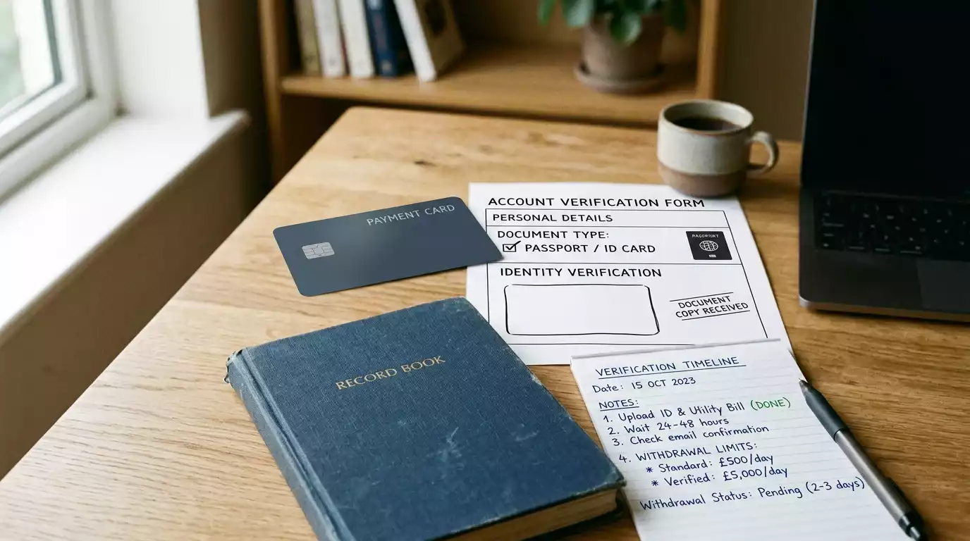 Payment card, identity document outline and withdrawal notes arranged on a neutral desk