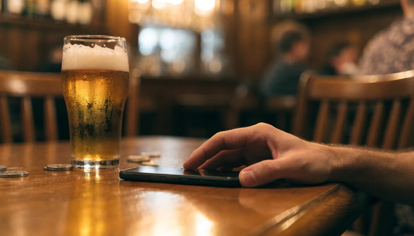Hand holding a smartphone at a British pub table with coins and a pint glass