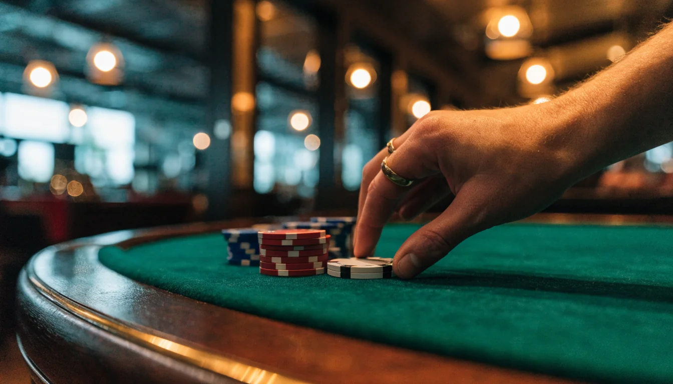 Hand placing a chip on a casino table with a small chip stack nearby