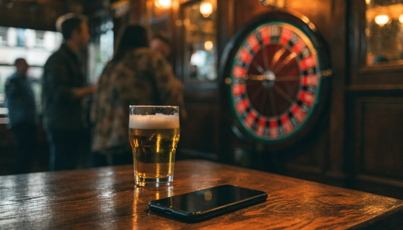 Phone on pub table with roulette wheel in background.