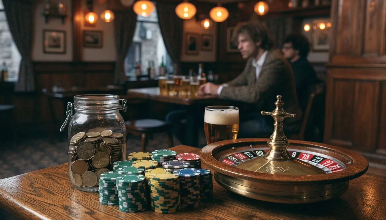 British pub interior with casino chips, roulette wheel, pint of ale, and coin jar on oak table