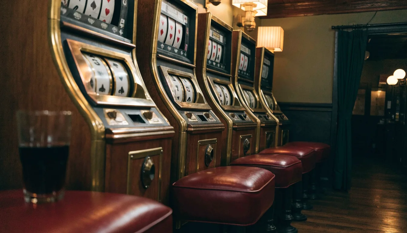 Five classic slot machine cabinets lined up inside a British pub.