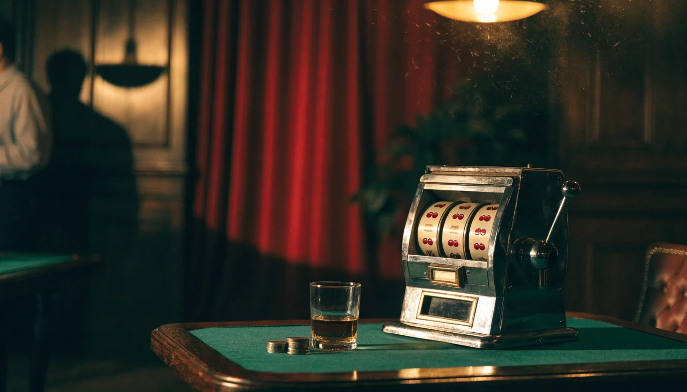 Vintage slot machine in a dimly lit British casino lounge with a whisky glass and stacked coins on a green table.