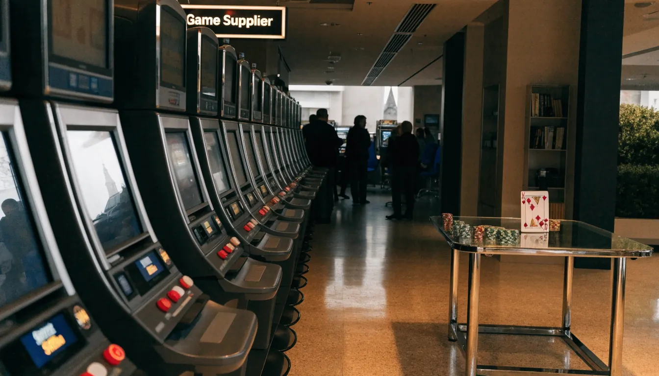 UK casino floor with slot machines and chip-covered table under warm lighting