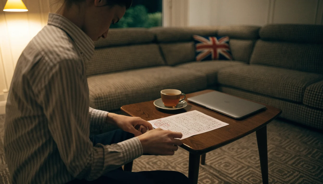 Person at a British home side table holding a printed keno ticket beside a closed laptop.