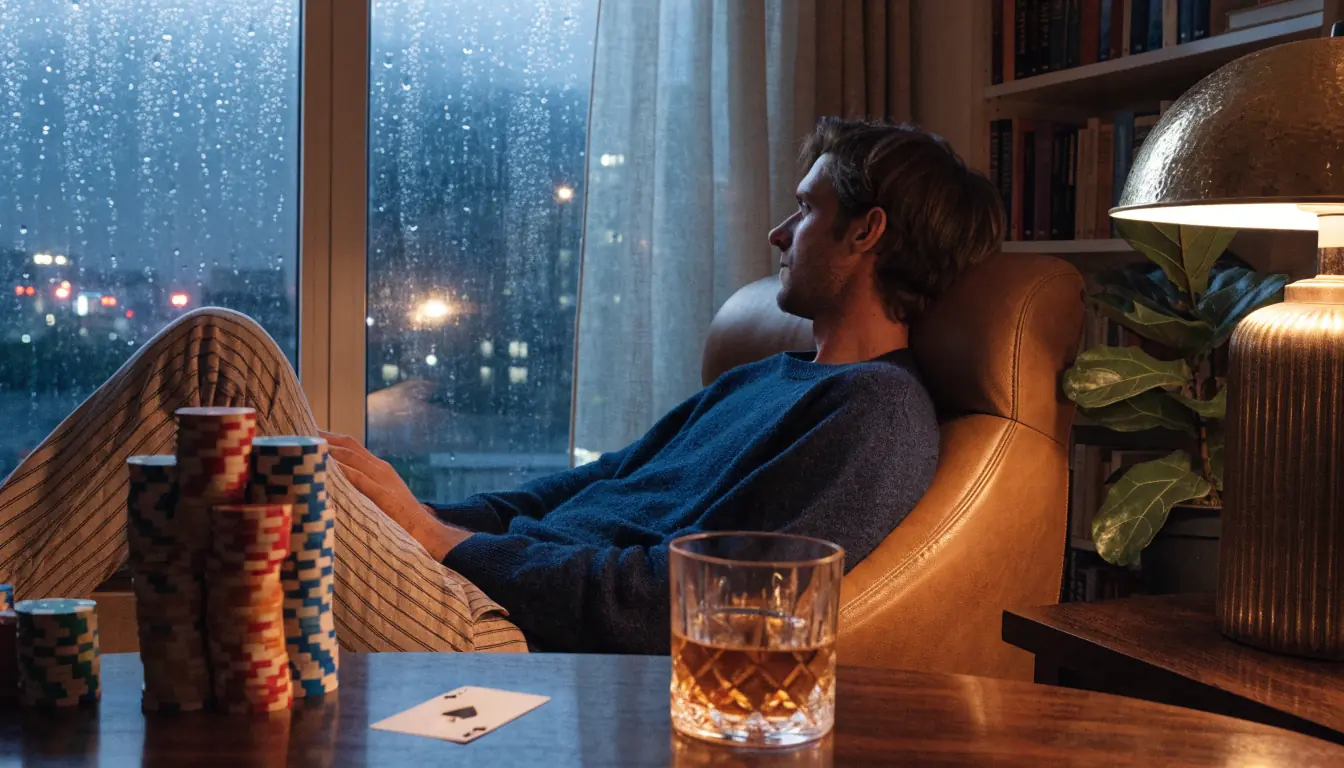 London apartment with casino chips, whisky, and a man relaxing by a window at night