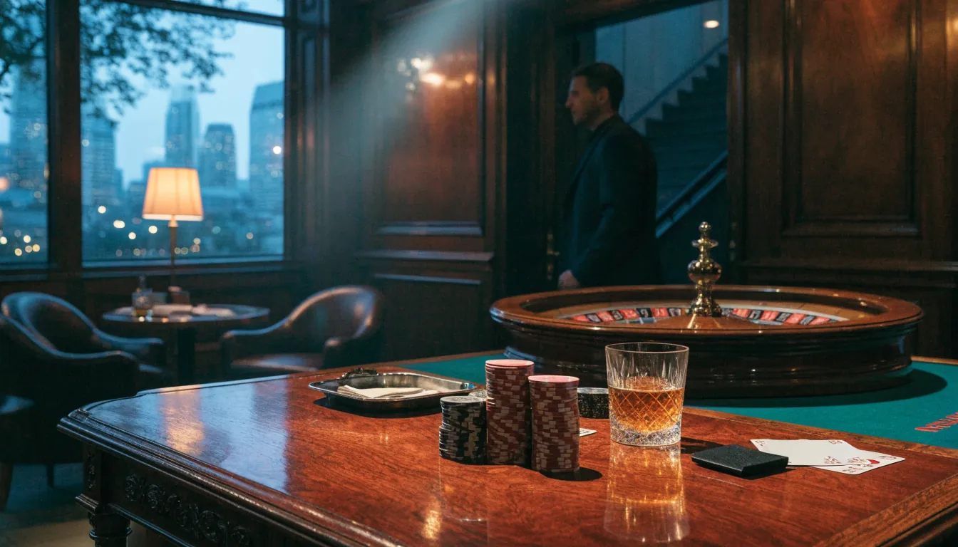 Evening view of a London casino lounge with chips and a roulette wheel on a mahogany table.