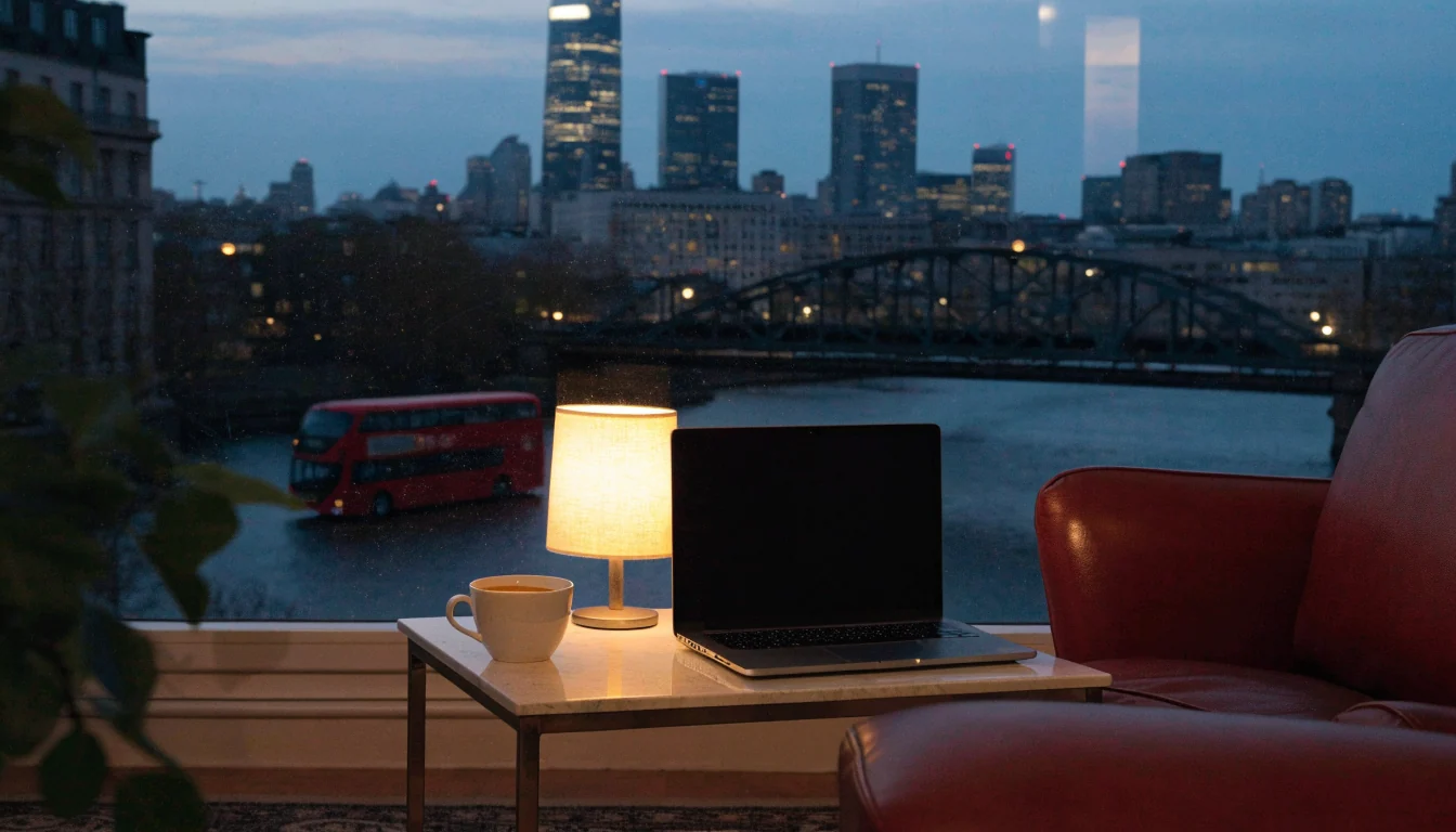 Warm London flat interior with tea, armchair, and skyline view at dusk.