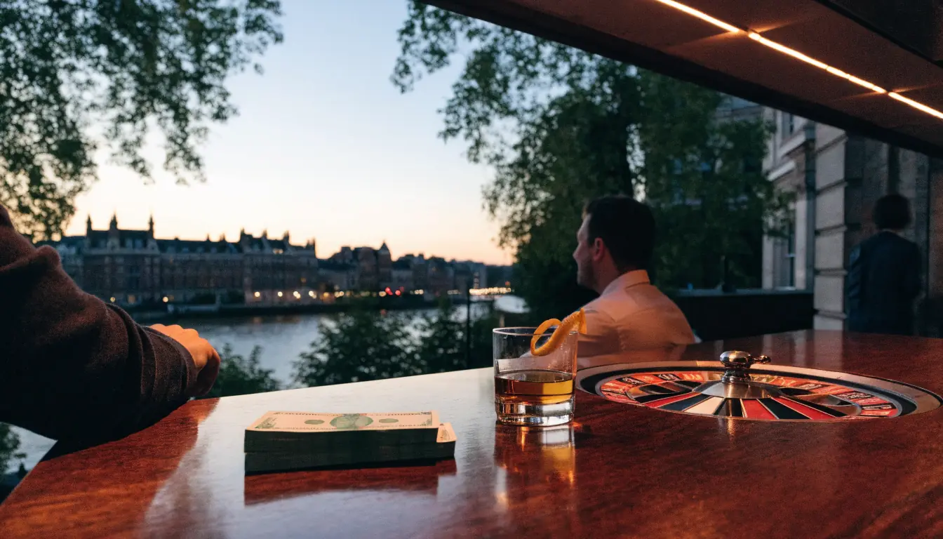 London rooftop with roulette table and British pounds at dusk