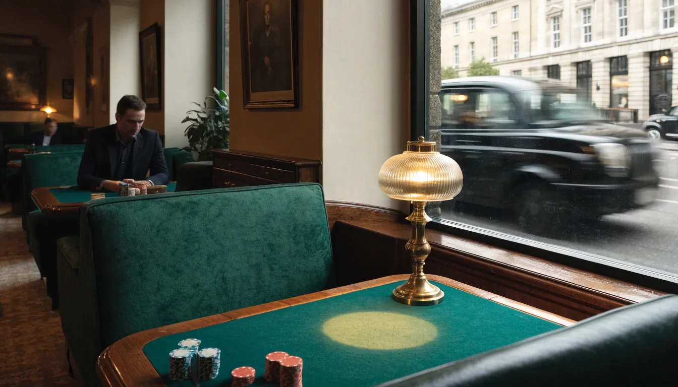 Elegant British casino lounge with green leather seats, card tables, stacked chips, and a London street view through the window.