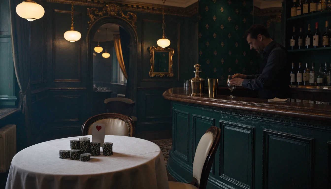 Elegant London casino lounge with chips, a playing card, and a polished bar.