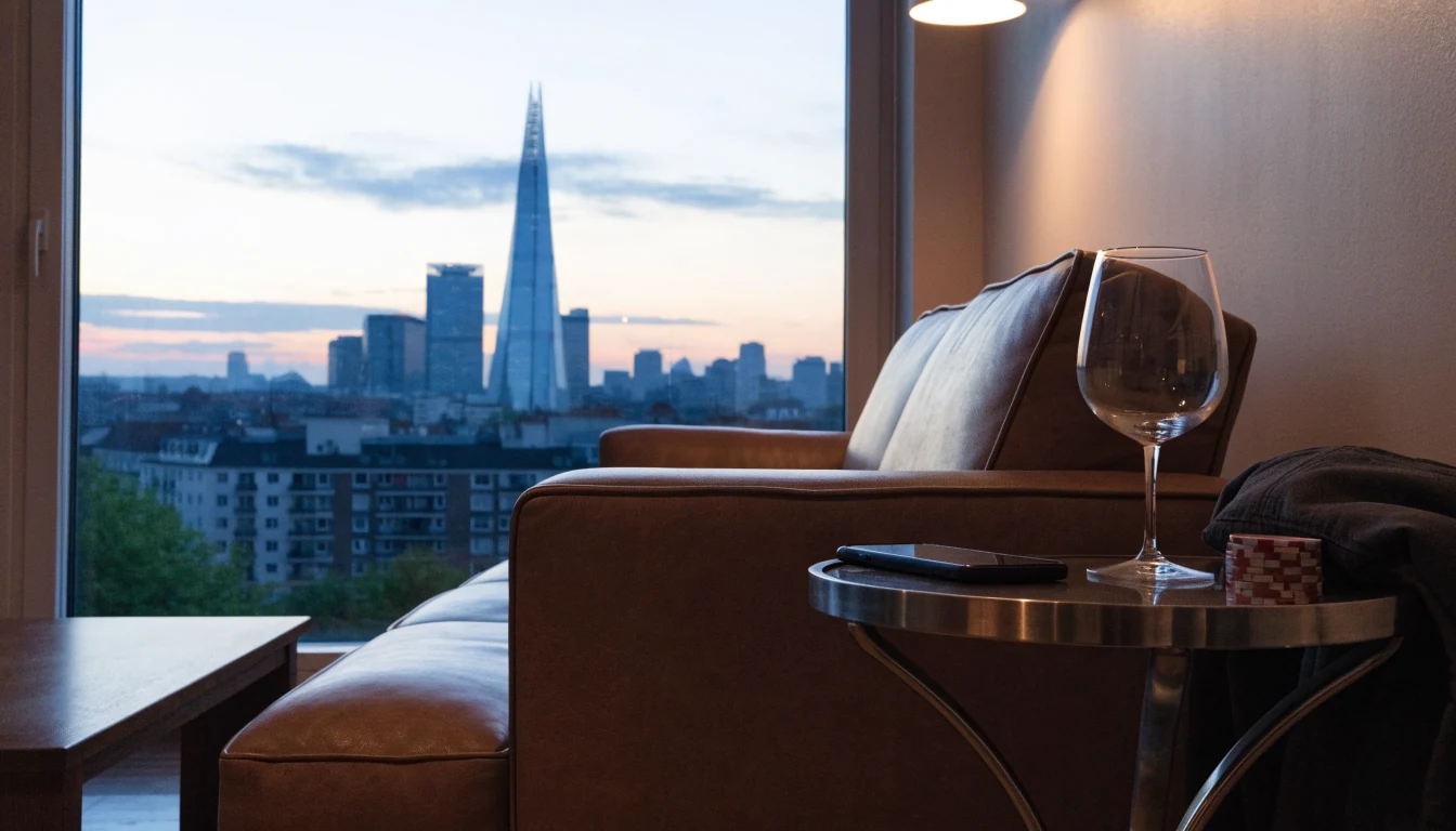Modern London apartment interior with a closed phone and casino chips on a side table.