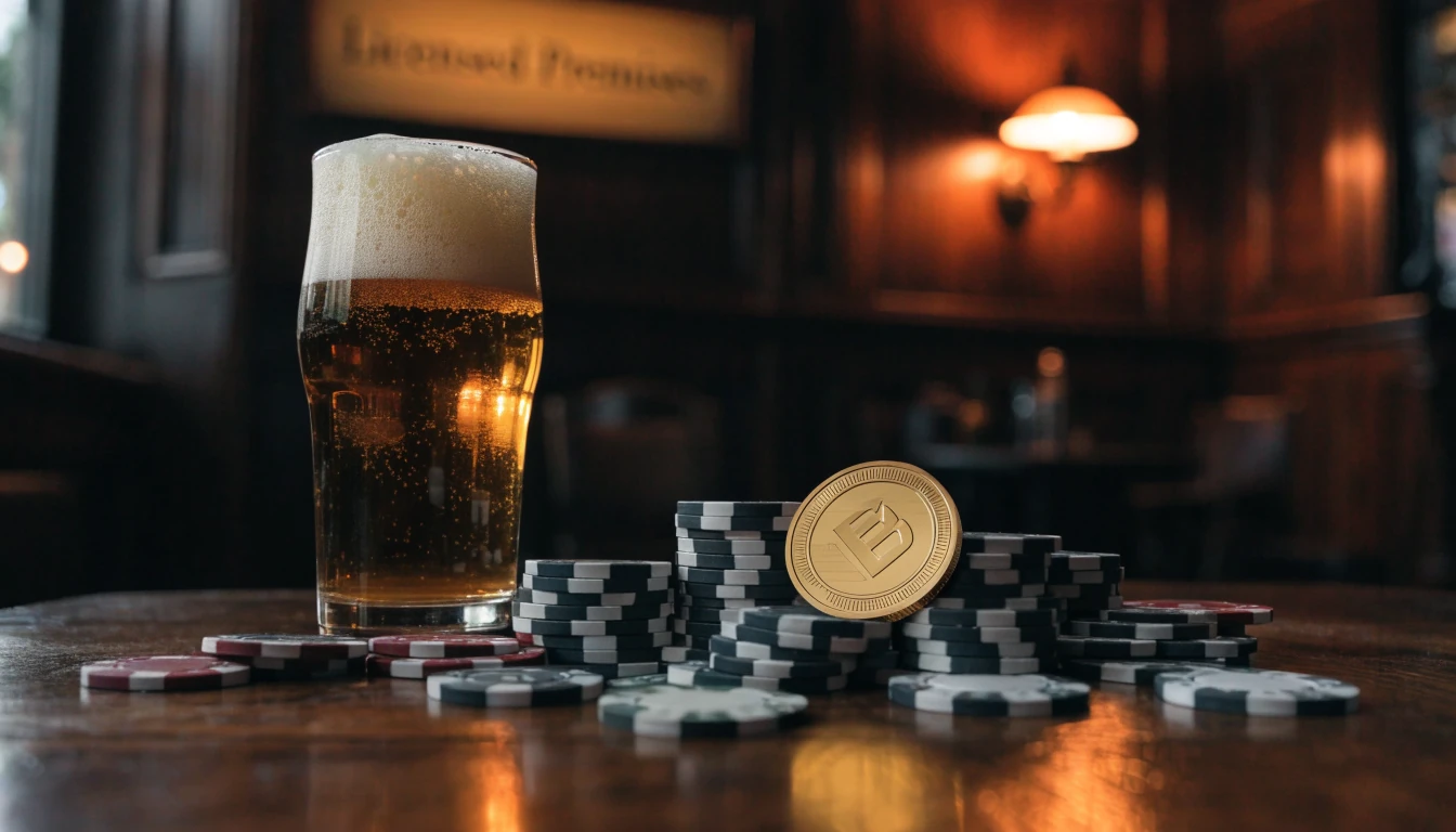 BNB token on a British pub table with poker chips and a pint of ale.
