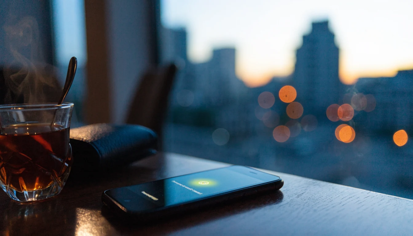 Smartphone contactless payment on a London flat table at dusk