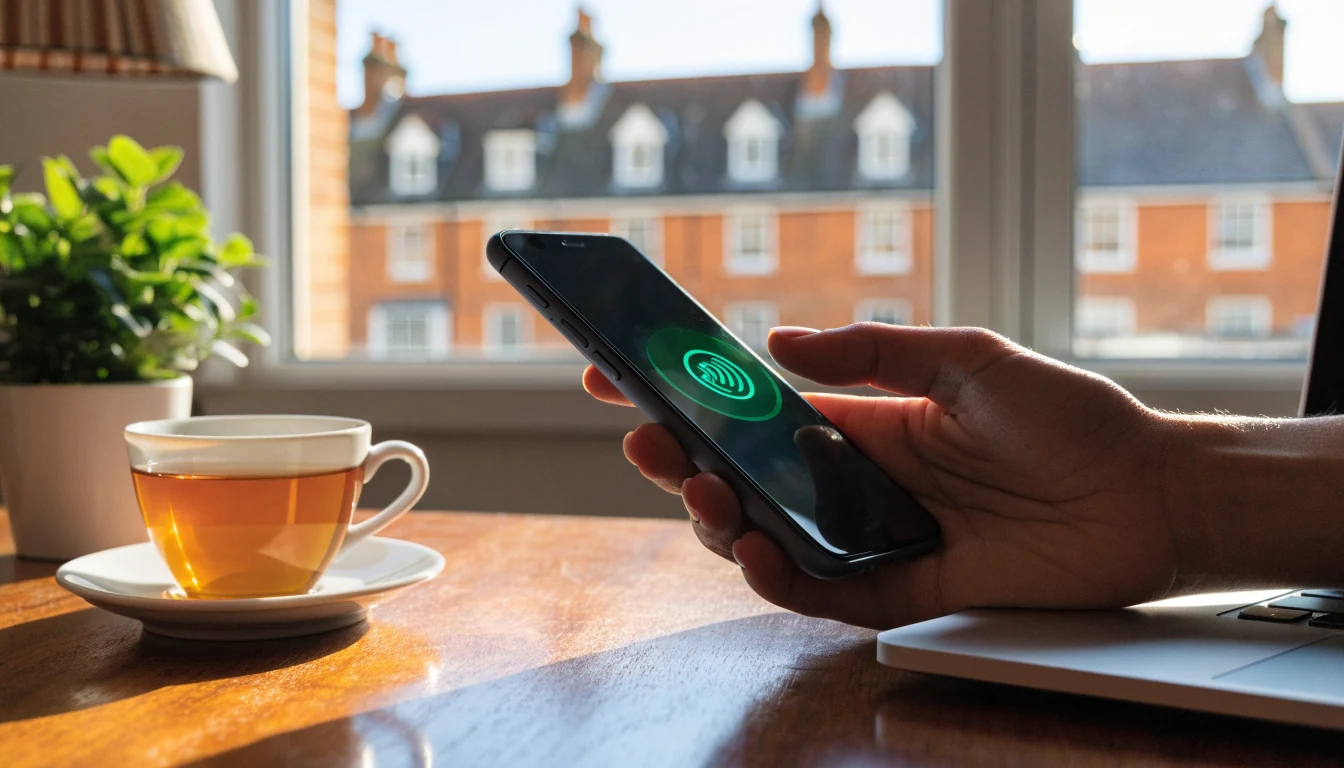 Hand holding a smartphone with contactless payment icon near a laptop on a desk.