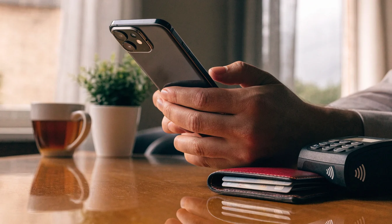 Hands holding a smartphone near a wallet and payment terminal on a table, checking payment options at home.