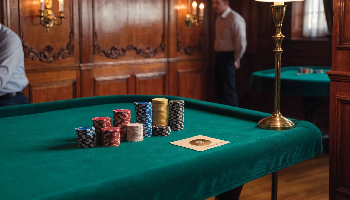 UK casino interior with stacked chips and a face-down contactless card on green felt