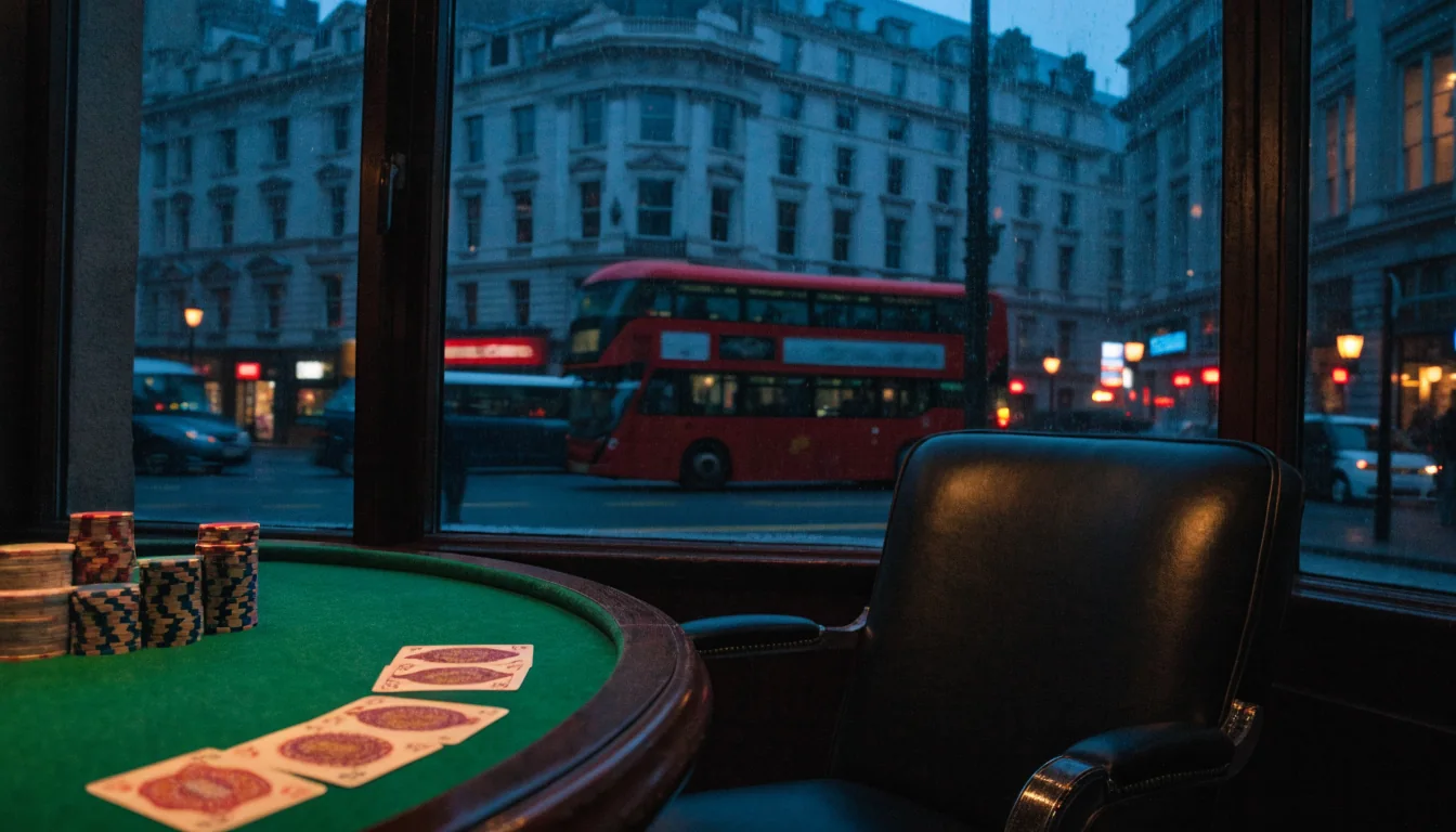 Empty British casino card table with chips beside a rainy London window
