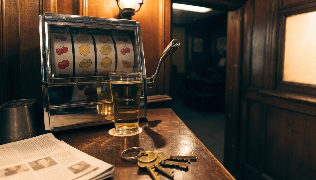Classic British fruit machine on a pub counter with a pint of ale.