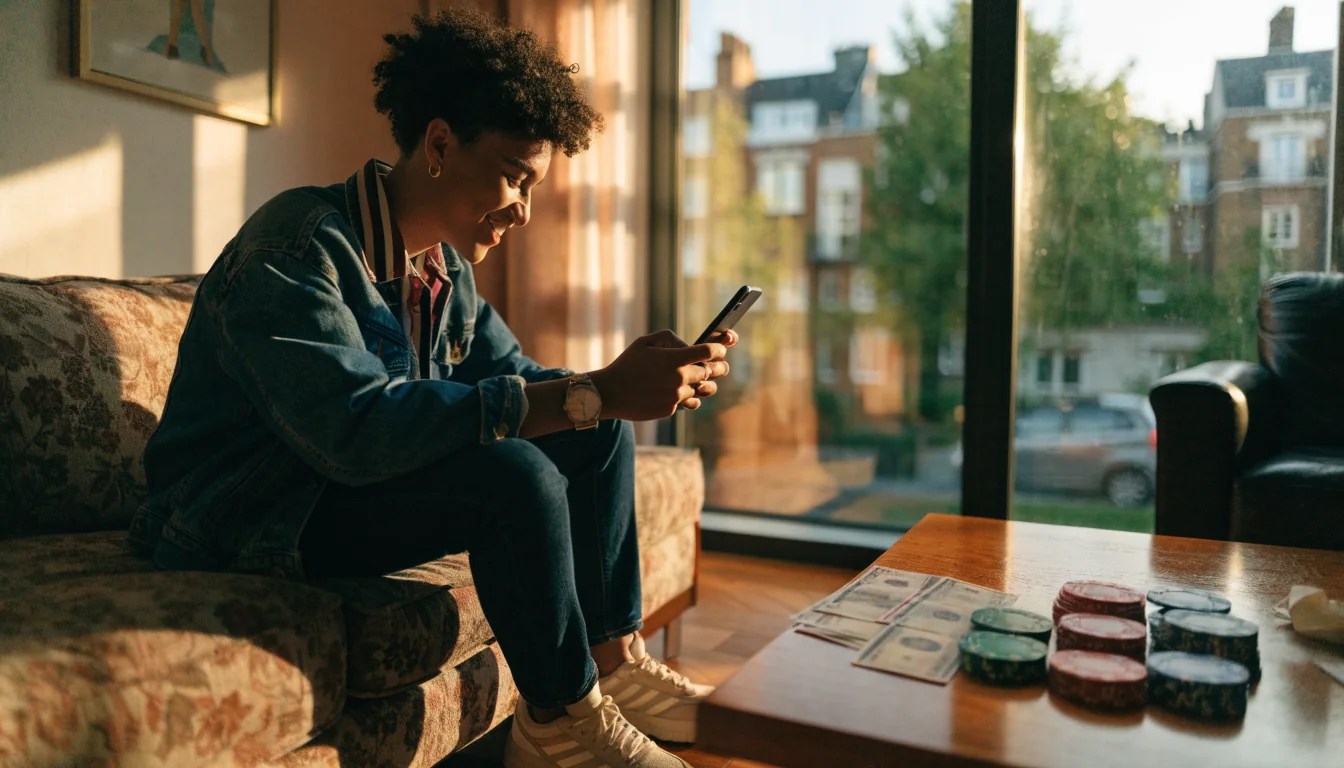 Person in modern UK flat with smartphone and pound notes after casino withdrawal.
