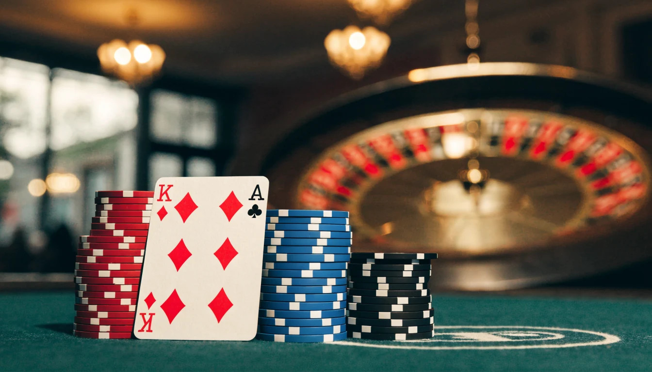 Casino card table with King and Ace and stacked chips under warm lighting