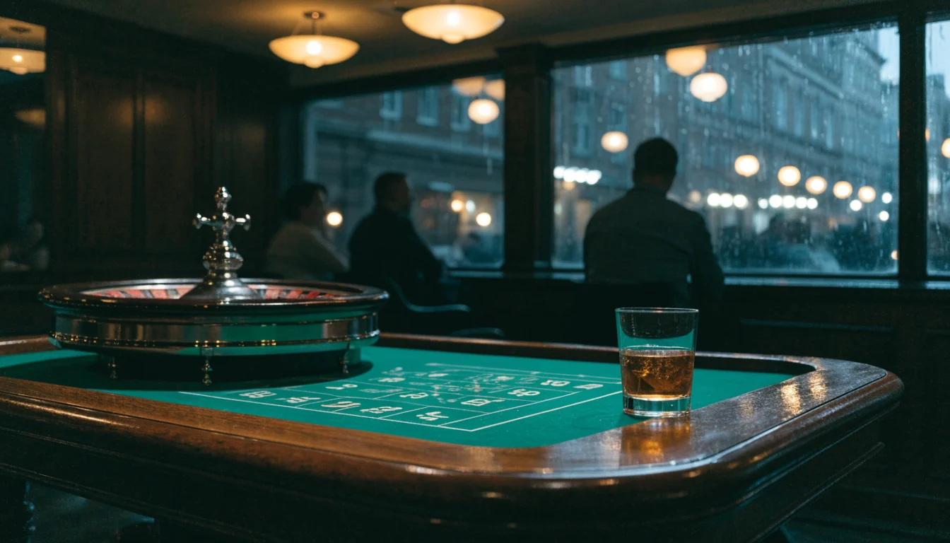 Empty casino table with a roulette wheel beside a drink in a softly lit UK gambling lounge at night.