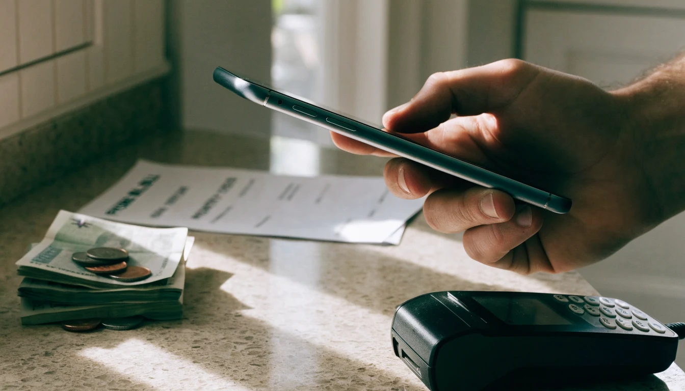 Smartphone on a counter next to British money and a phone bill, illustrating mobile bill casino deposits.