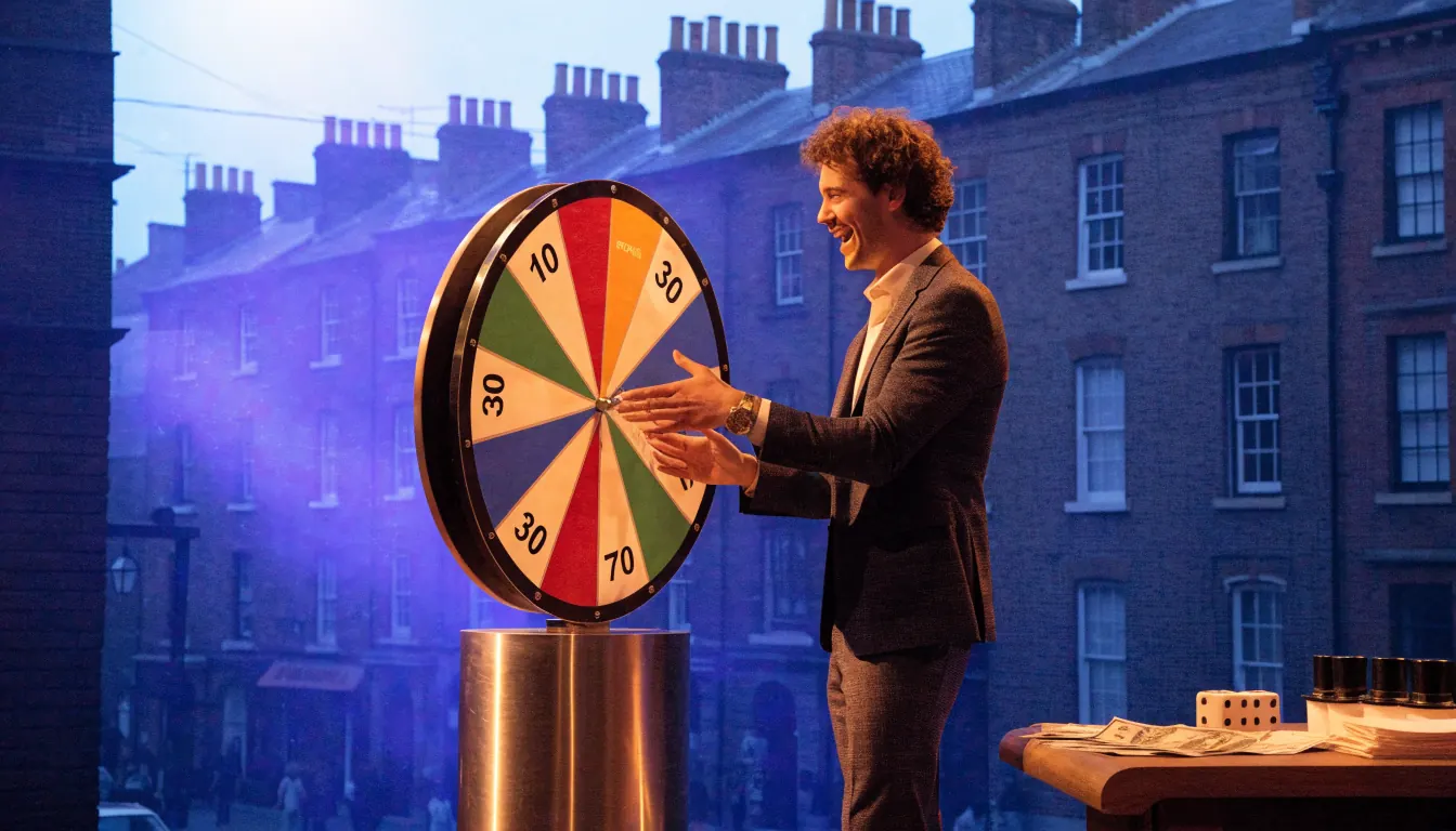 Live casino game show studio with presenter and large spinning wheel