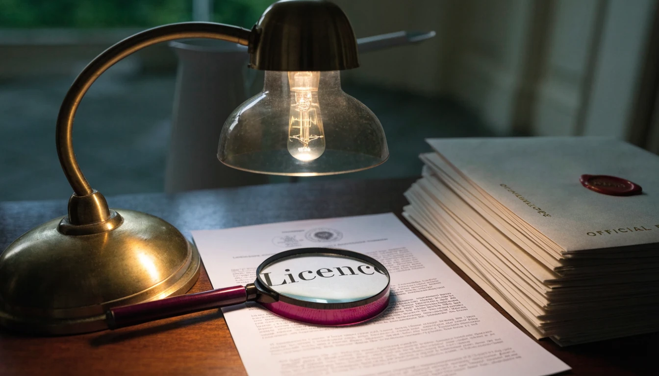 Magnifying glass inspecting a licence certificate on a desk