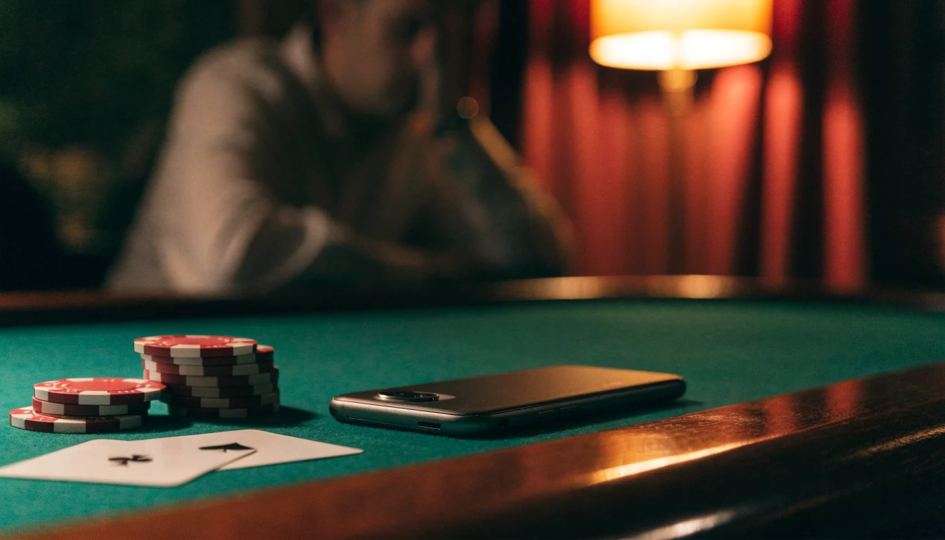 Smartphone face-down on a green felt table with poker chips and cards in a dimly lit UK gaming lounge.