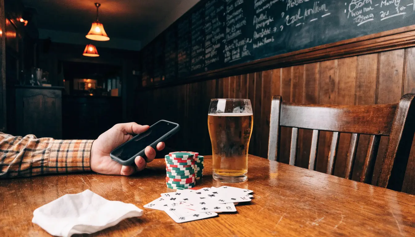 Smartphone held over a pub table with chips, cards, and a pint of ale.