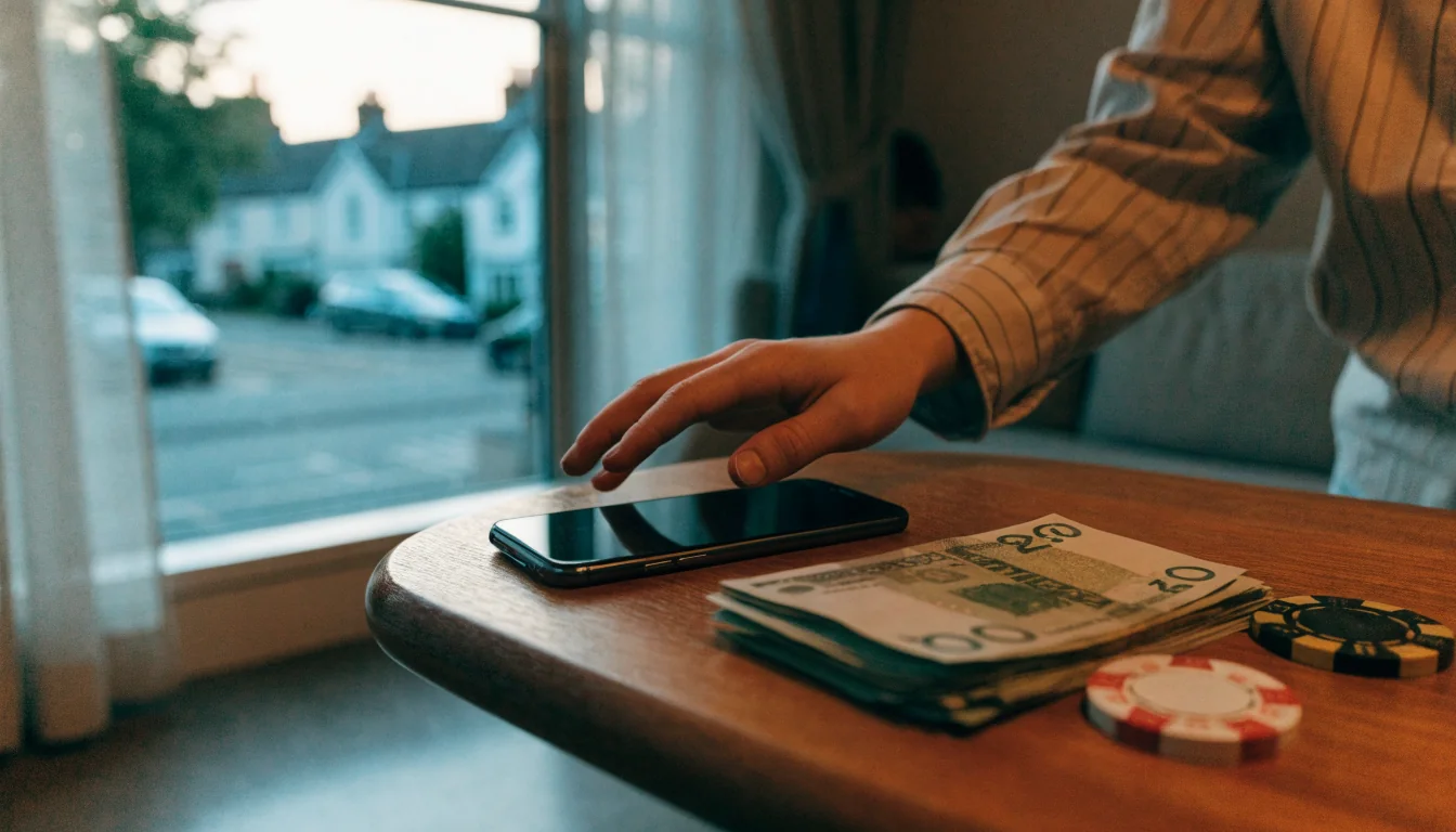 Smartphone on table with British pounds and casino chips, suggesting mobile phone payment.