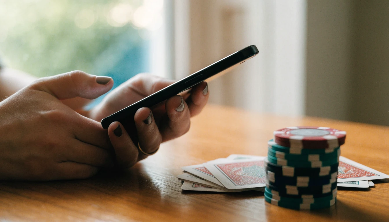 Hand holding a smartphone next to casino chips and playing cards on a table.