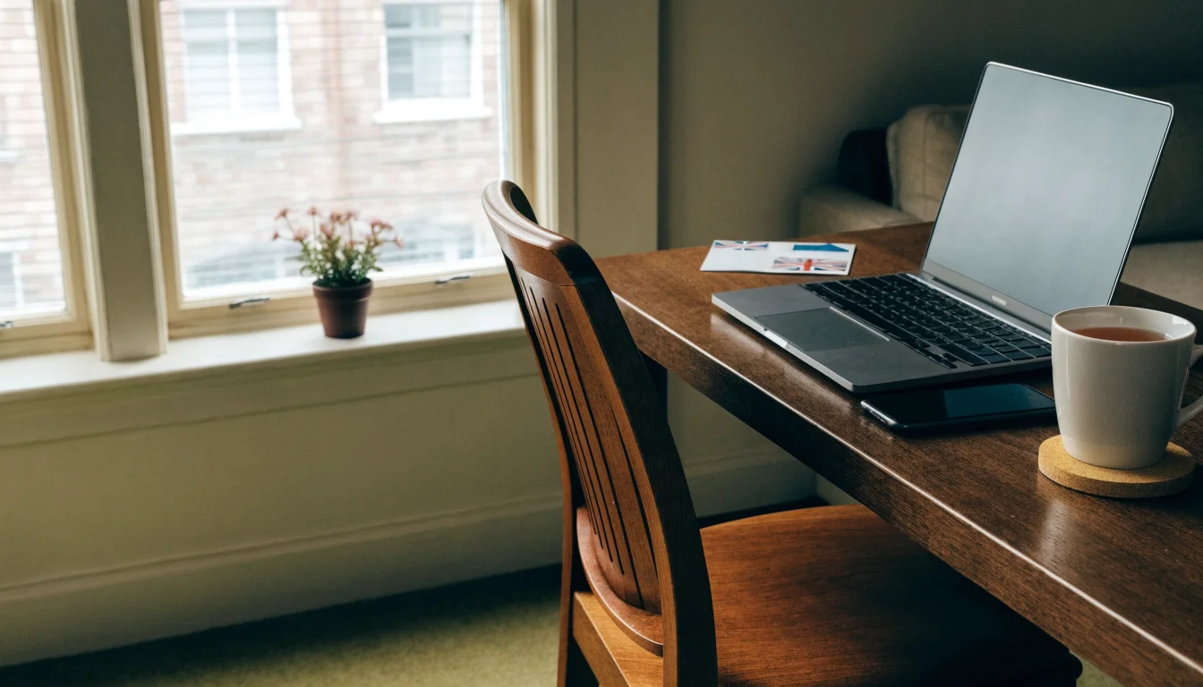 British home desk with laptop, phone, tea, and a bank card by a window.