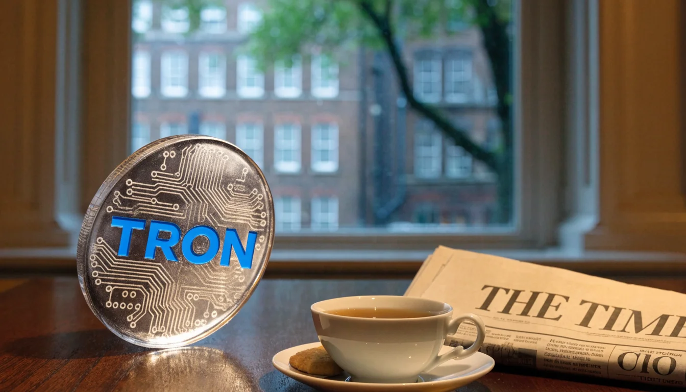 TRON cryptocurrency token beside a British newspaper and teacup on a wooden table